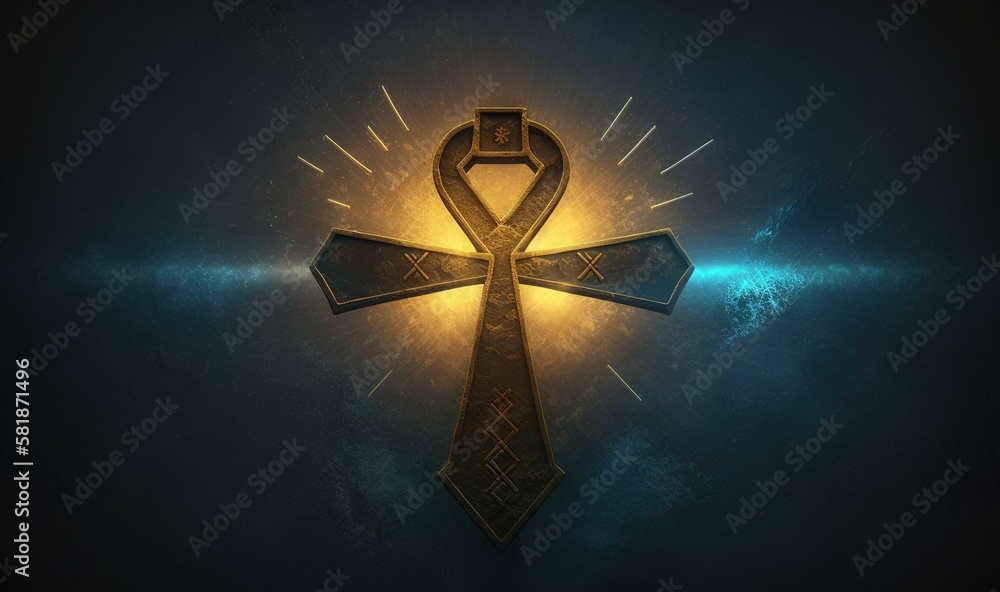 Aufkleber a cross with a light shining on it in the middle of a dark background with a blue and yellow glow co