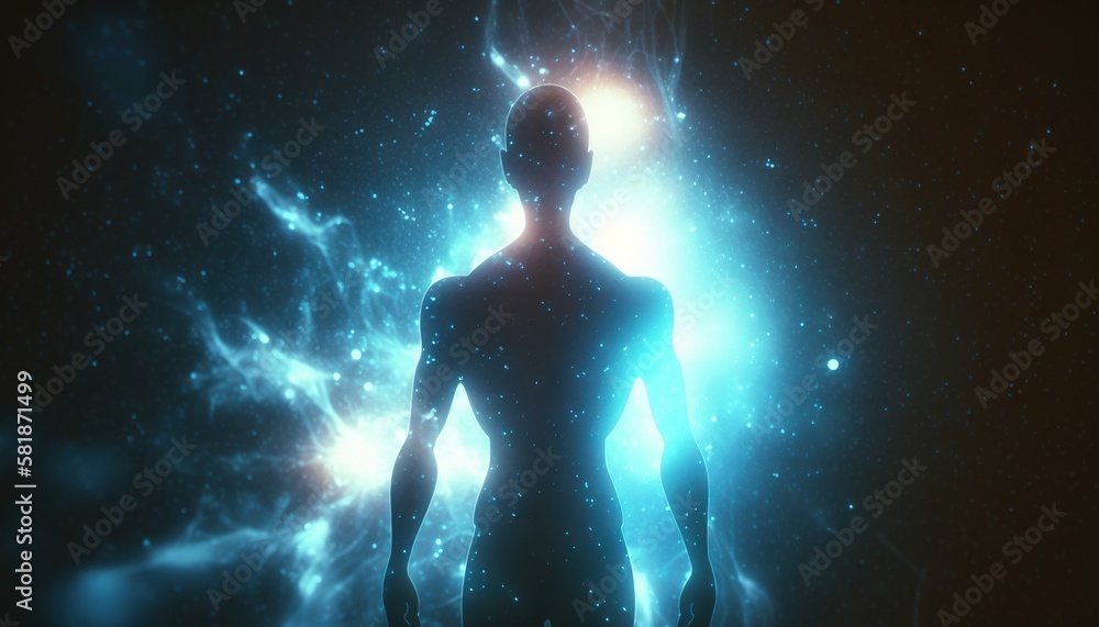 Poster a man standing in front of a blue light in a dark room with a black background and a white light in 