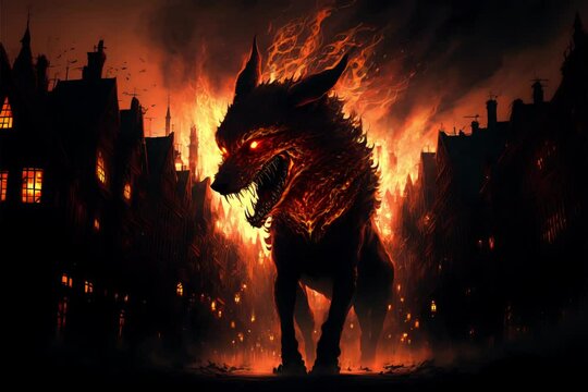 Mystical Scandinavian beast wolf Fenrir destroying modern city. Fenrir start Ragnarok, fire and smoke clouds. North Mythology background