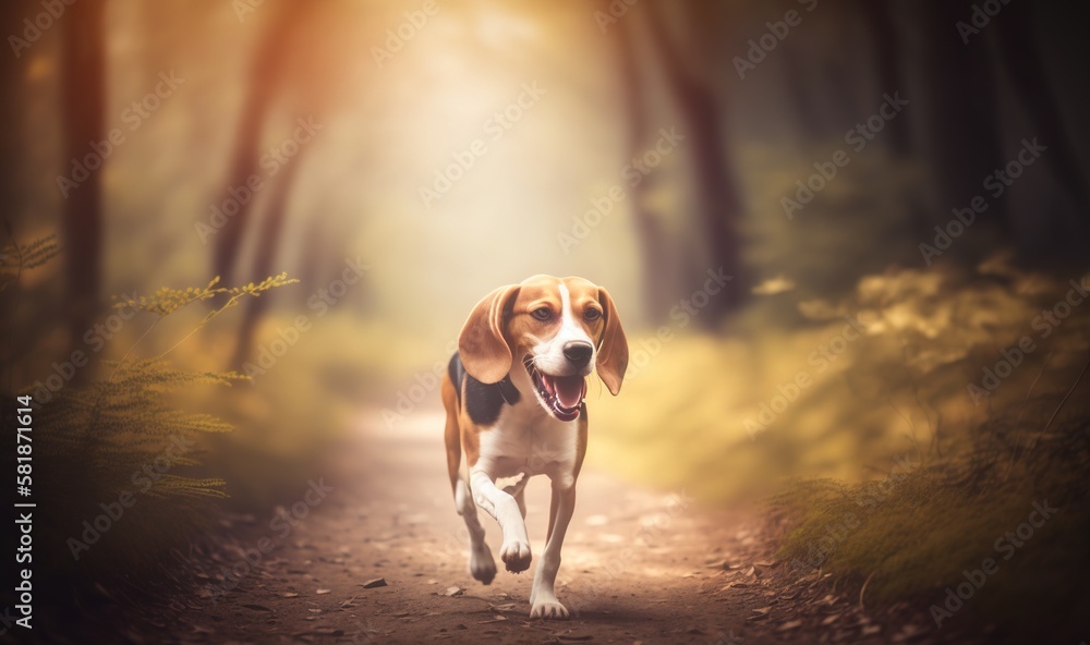 Poster a beagle dog running down a path in the woods with its mouth open and tongue out, with the sun shini