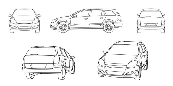 Set of classic station wagon. Different five view shot - front, rear, side and 3d. Outline doodle vector illustration