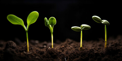 Seedlings emerging from rich soil against a dark background, suitable for concepts on growth and agriculture.