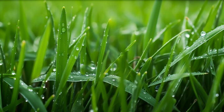 Morning dew on lush green grass, a refreshing image suitable for springtime themes or natural backgrounds.