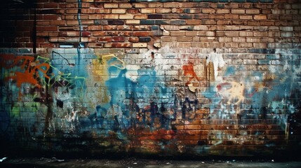 Obraz premium A grungy brick wall with stains and graffiti Generative AI