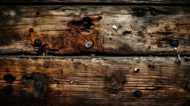 A weathered wooden board with nail holes and cracks Generative AI