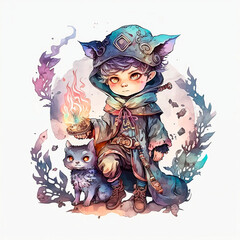 A watercolor illustration for children of a cute wizard 