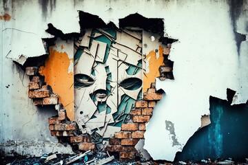 Crumbling concrete wall with graffiti art, concept of Urban Decay and Street Art, created with Generative AI technology