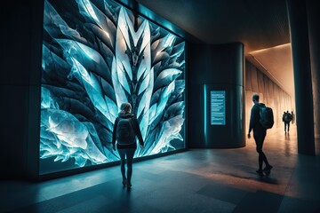 Public building with a dynamic and kinetic design featuring moving elements changing lights that create an immersive and interactive experience for visitors, created with Generative AI technology