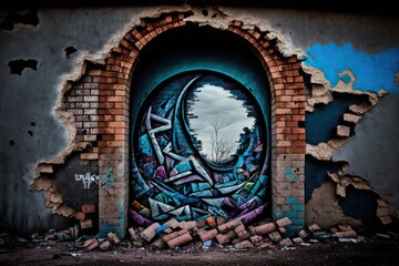 Crumbling concrete wall with graffiti art, concept of Urban Decay and Street Art, created with Generative AI technology