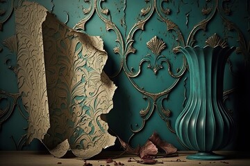 Peeling and textured wallpaper with vintage patterns, concept of Distressed and Retro, created with Generative AI technology
