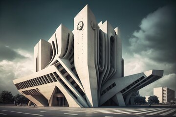 Public building with a unique asymmetrical design featuring unexpected angles and shapes for added visual interest, created with Generative AI technology