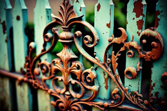 Rusted metal fence with peeling paint and intricate scrollwork, concept of Aged and Ornate, created with Generative AI technology