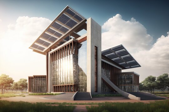 Public Building With An Innovative Eco - Friendly Design Incorporating Renewable Energy Sources, Concept Of Green Architecture And Climate Adaptation., Created With Generative AI Technology