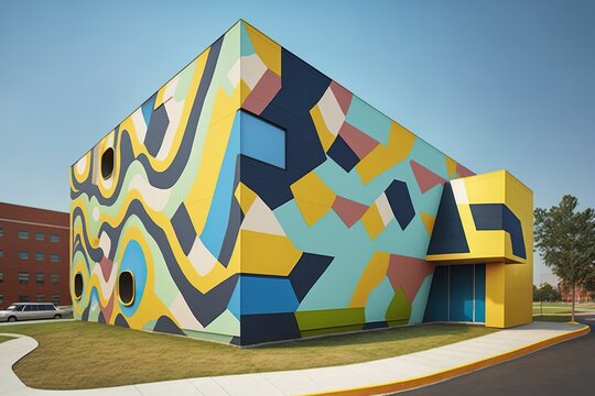 Public building with a playful and colorful exterior that features bold patterns graphics, concept of Architectural Expressionism and Multimedia Facade, created with Generative AI technology