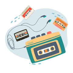 walkman with headphones and cassette of nineties retro. vector illustrator