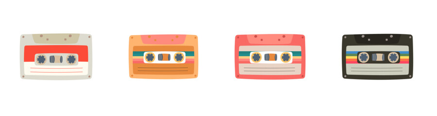 Set of eight Retro Vintage tape Cassettes. Various audio tapes. Different Mixtapes. Love songs, Relax, Rock, Nineties hits etc. Hand drawn colored Vector illustration. Every cassette is isolated
