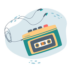 walkman with headphones and cassette of nineties retro. vector illustrator