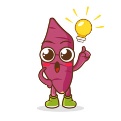 Have an Idea Happy sweet potato Character Cartoon Mascot. Happy sweet potato Pointing Finger Up at The Light Bulb
