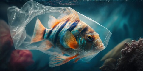 tropical fish swimming with plastic bag. Underwater animals damaged by garbage in the water. ecological catastrophe. Plastic pollution in the ocean. generative AI