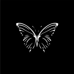 Butterfly dotwork tattoo with dots shading, tippling tattoo. Hand drawing fly insect emblem on black background for body art, minimalistic sketch monochrome logo. Vector illustration