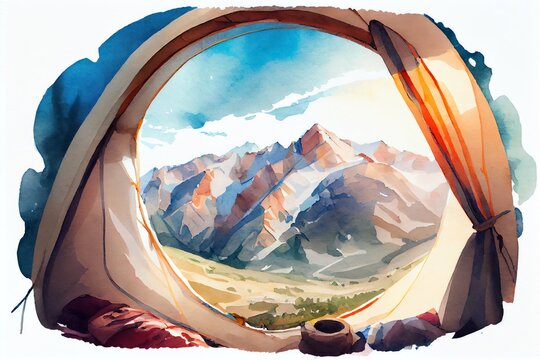 Watercolor Illustration of a View From A Tent In A Mountain Camp, Morning View Snowy Mountain Valleys And Peaks. Generative AI