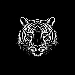 Tiger head dotwork tattoo with dots shading, depth illusion, tippling tattoo. Hand drawing wild animal emblem on black background for body art, minimalistic sketch monochrome logo. Vector illustration