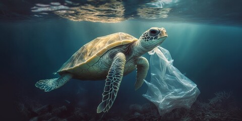 Sea turtle swimming with plastic bag. Underwater animals harm made by garbage in water. Ecological catastrophe. Plastic pollution in ocean. Generative AI