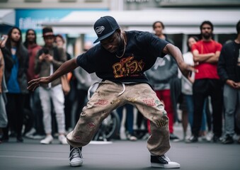 Fototapeta na wymiar Young black man breakdancing at the street. Generative AI.
