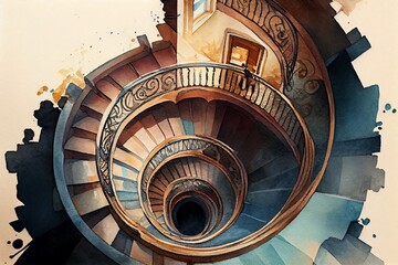 Obraz premium Watercolor Illustration of a Spiral Staircase Perspective. Art. Generative AI