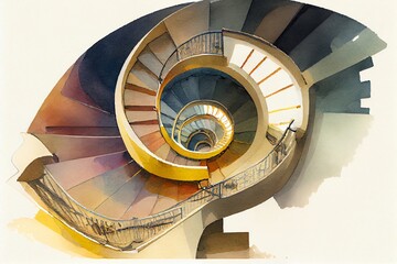 Watercolor Illustration of a Spiral Staircase Perspective. Art. Generative AI