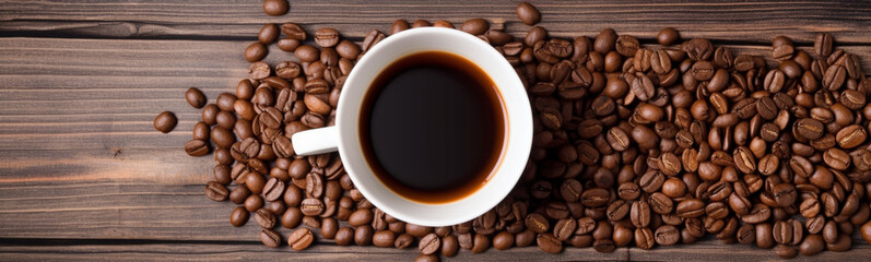 top view Coffee Espresso Cup With Beans On Wooden Table , Generative AI