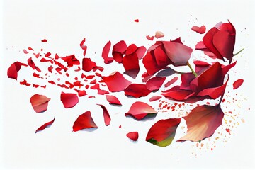 Watercolor Illustration of a Red Rose Petals Scattered On White Background. Generative AI