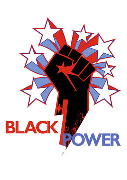 blackpower. T-shirt design of a clenched black fist with stars around it. Vector illustration for afro history month