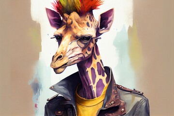 Watercolor Illustration of a Portrait Of A Giraffe Dressed As A Punk. Generative AI