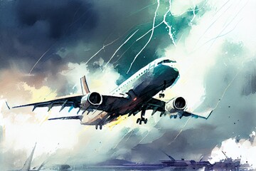 Watercolor Illustration of a Plane Flying During Thunderstorm, Lightning Strikes Passenger Airplane. Generative AI