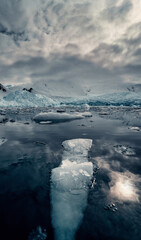 Snow and Glacier Landscape in Antarctica, Floating Ice and Icebergs, Vertical Shot