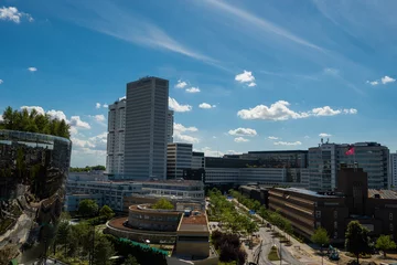 Sierkussen MVRDV rooftop terrace on iconic modern architecture mirror glass building in Dutch Museumpark Rotterdam Netherlands on sunny summer day. Also Erasmus MC hospital medical facility buildings © drew