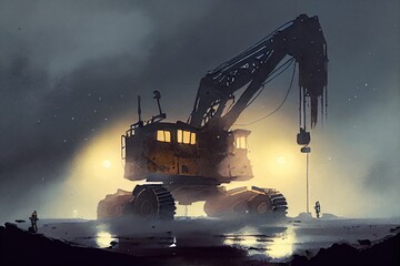 Watercolor Illustration of a Large Scale Coal Excavator Moody Lights Fog. Generative AI