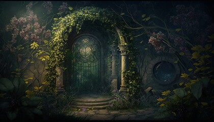 Gothic fantasy garden with arch, gate, stairs and flowers. Generative AI