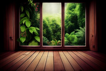 Wooden window with a view of the green forest from the terrace. Generative AI