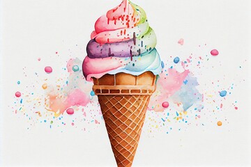Watercolor Illustration of a Ice Cream In Cone With Sweet Colorful Sprinkles. Delicious Sweet Food. Generative AI
