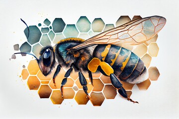 Watercolor Illustration of a Honey Bee On The Background Of A Honeycomb. Fantastic Picture. Futuristic Logo. Generative AI