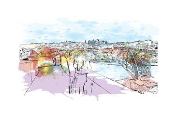 Building view with landmark of Porto novo is a city of Benin Watercolor splash with Hand drawn sketch illustration in vector.