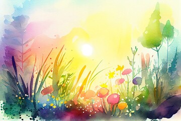 Obraz na płótnie Canvas Watercolor Illustration of a Fantastic Easter, Spring And Summer Meadow With Soft Bokeh And Sunshine. Generative AI