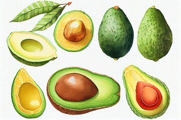 Watercolor Illustration of a Delicious Avocado Fruits Cut Out. Based On. Generative AI