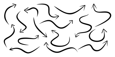 Hand drawn arrows set. Collection of arrows in Brush stroke  isolated on white background. Arrow icons Vector illustration