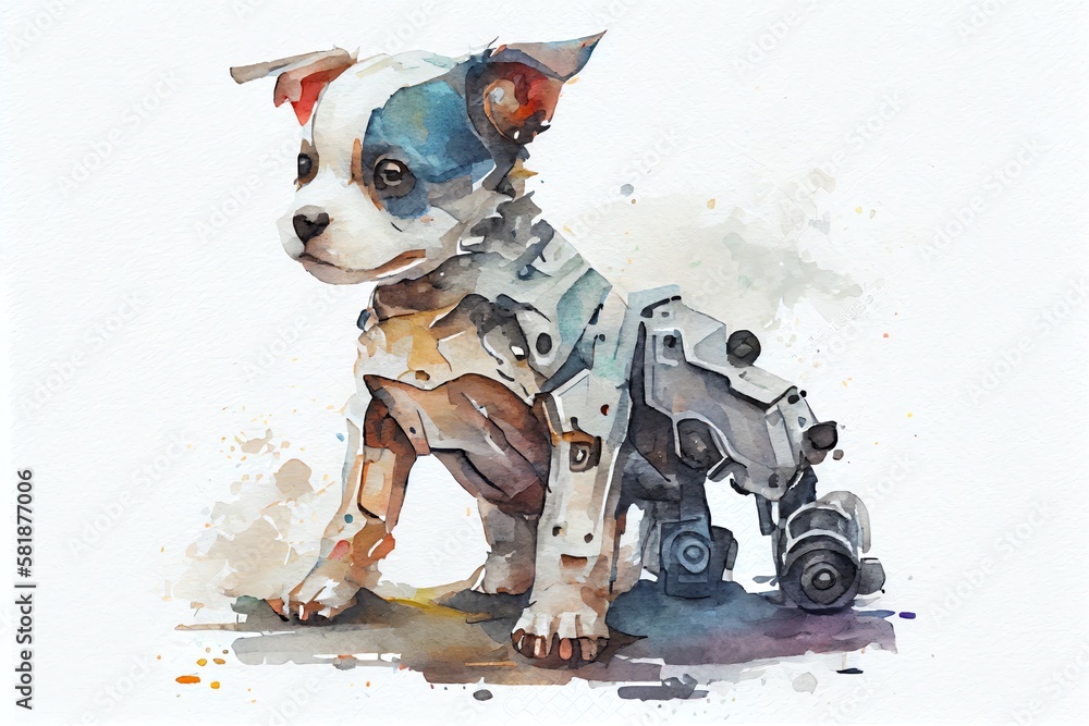 Poster watercolor illustration of a cute robotic puppy isolated on large empty background. white happy litt