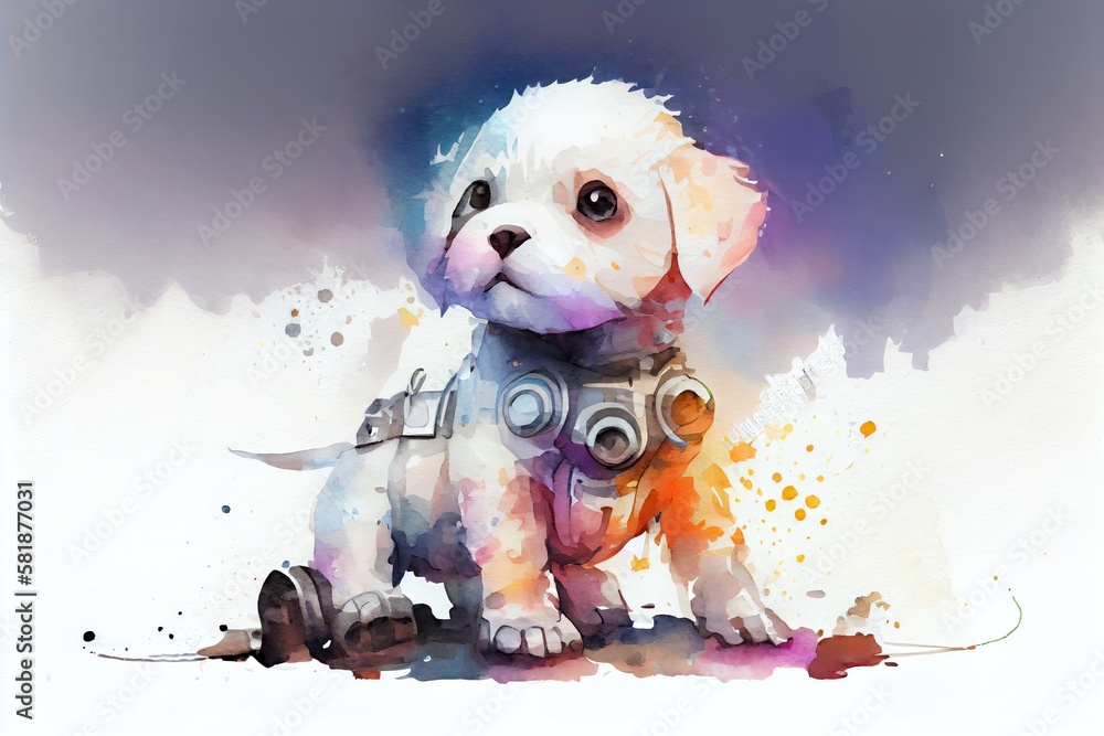 Poster watercolor illustration of a cute robotic puppy isolated on large empty background. white happy litt