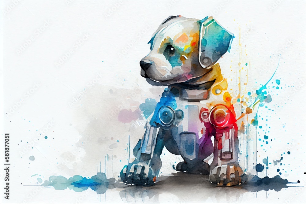 Poster watercolor illustration of a cute robotic puppy isolated on large empty background. white happy litt