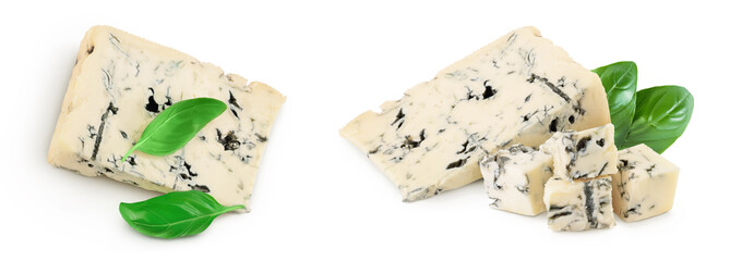 Blue cheese gorgonzola isolated on white background with full depth of field. Top view. Flat lay. - obrazy, fototapety, plakaty